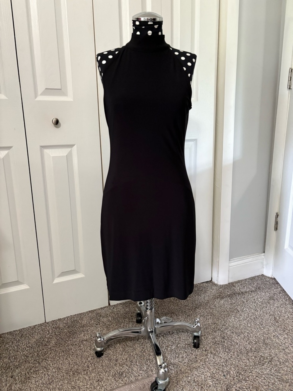 Black Sleeveless Mock-Neck Polka Dot Accent Dress